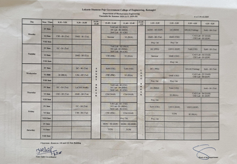 Mechanical Time-Table Even Sem Summer 25-26